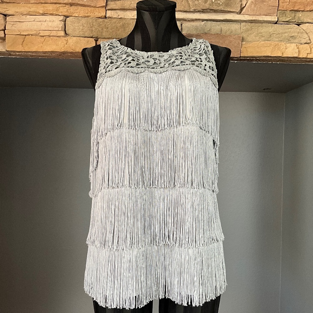 WHBM Fringe Lace Cocktail Party Top Flapper Event Wedding Guest Evening Gray L
